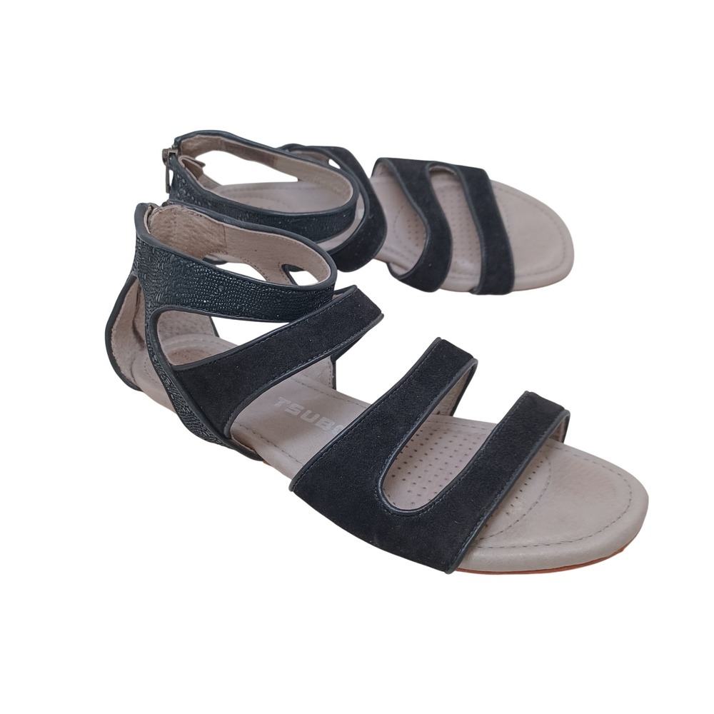 Tsubo Womens Black Suede Textured Gladiator Sandals Rear Zip Flat Strappy Shoes